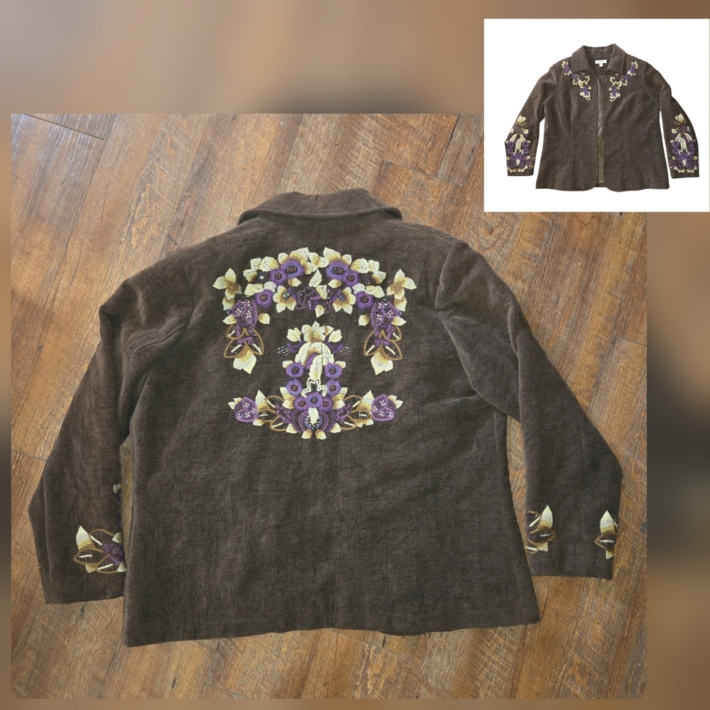 VTG Women's Boho Embroidered Purple Forals Brown Blazer Jacket Sz 18 W Coldwater